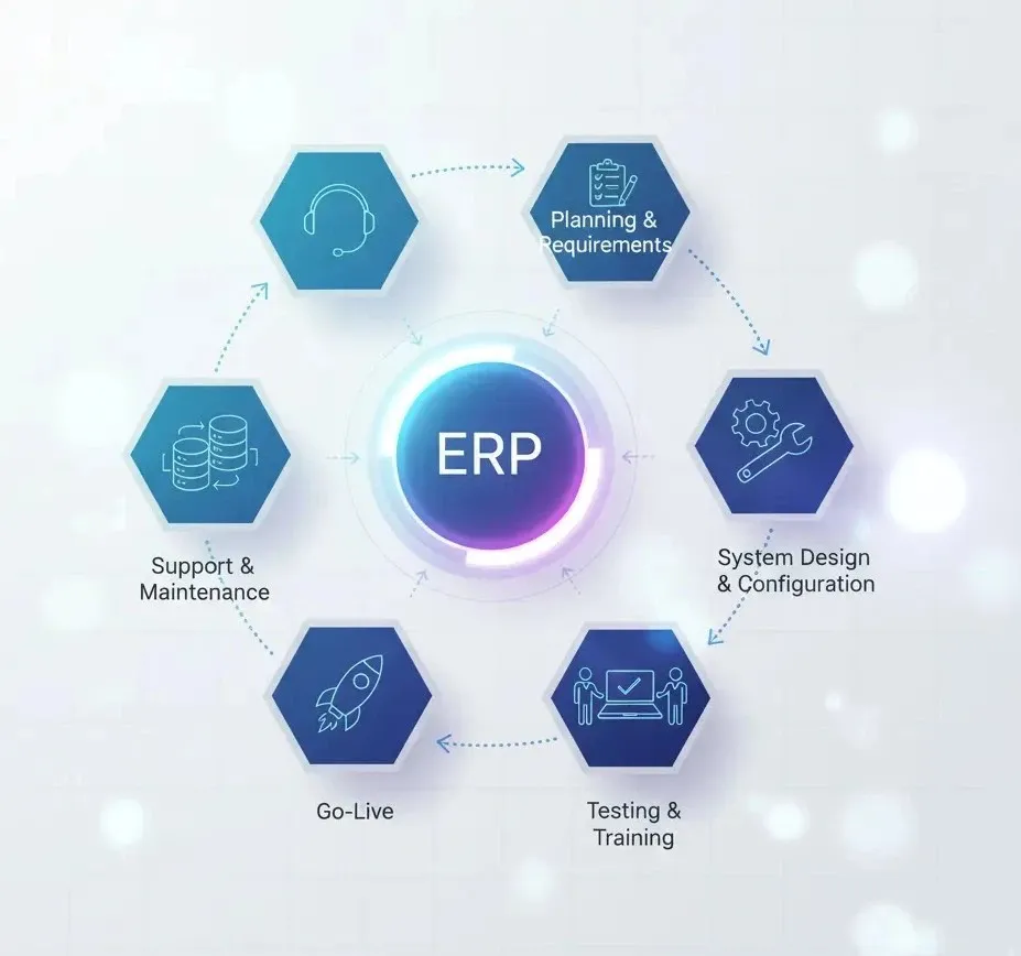 ERP implementation process diagram showing five phases from needs assessment to post-implementation support