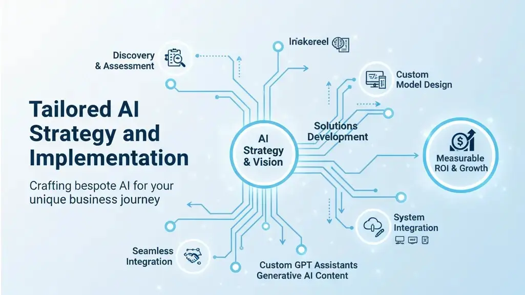 Tailored Generative AI Strategy and ChatGPT Integration for Enterprises Custom generative AI strategy diagram showing ChatGPT integration workflow and enterprise implementation phases