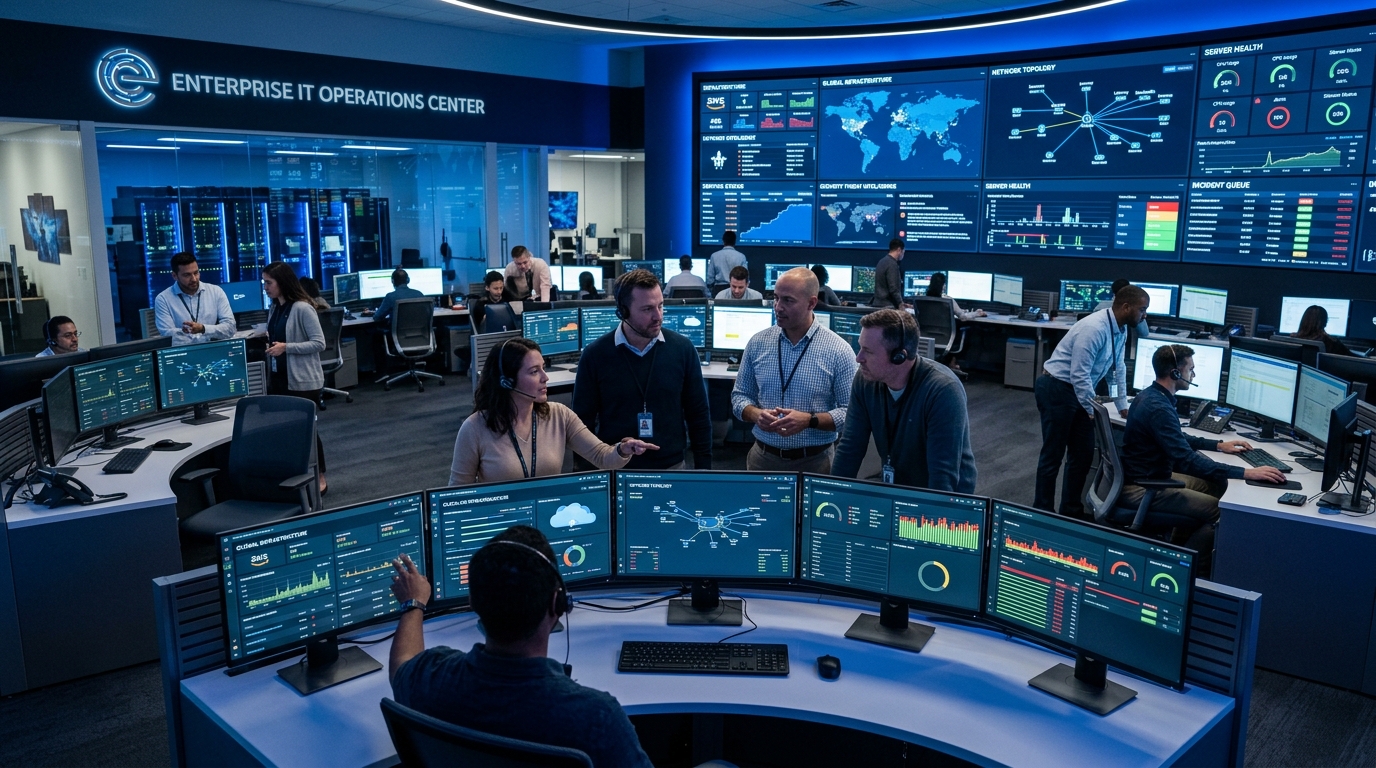 Business technology team collaborating on IT solutions in a modern operations center